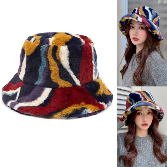 NEW Multi Color Soft Fluffy Plush Faux Fur Adjustable Cozy Fisherman Bucket Hat - Picture 1 of 11